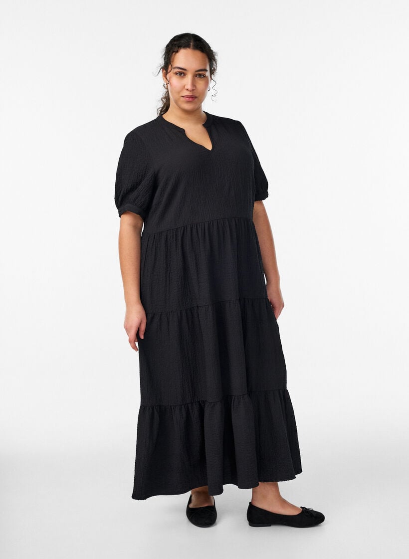 Ankle-length dress with short sleeves and tiered ruffles, Black, Model image number 0