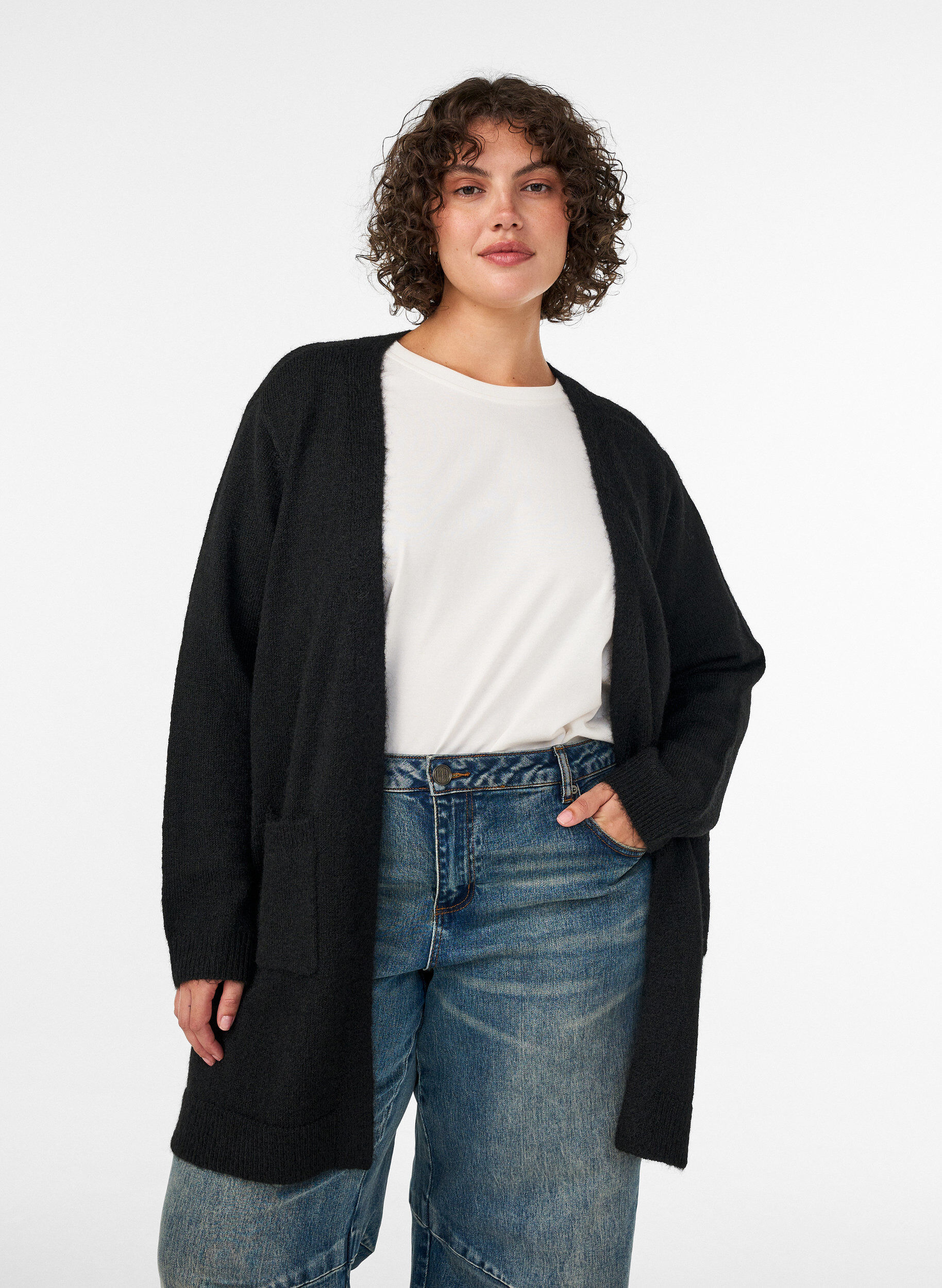 ZizzifashionLong cardigan with pockets, Black, Model image number 0