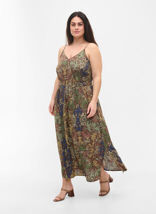 Sleeveless viscose midi dress with a paisley print, Green Paisley, Model image number 2