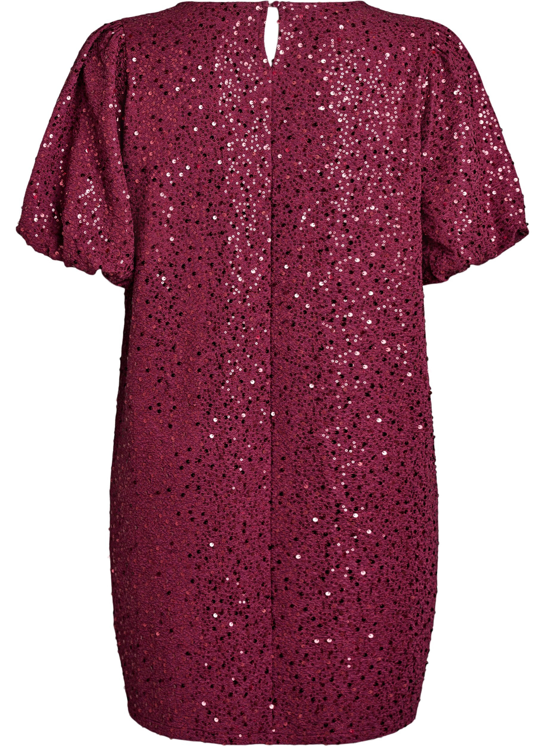 Zizzifashion Short sequin dress with puff sleeves, Dark Bordeaux, Packshot image number 1