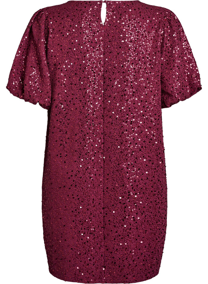 Short sequin dress with puff sleeves, Dark Bordeaux, Packshot image number 1