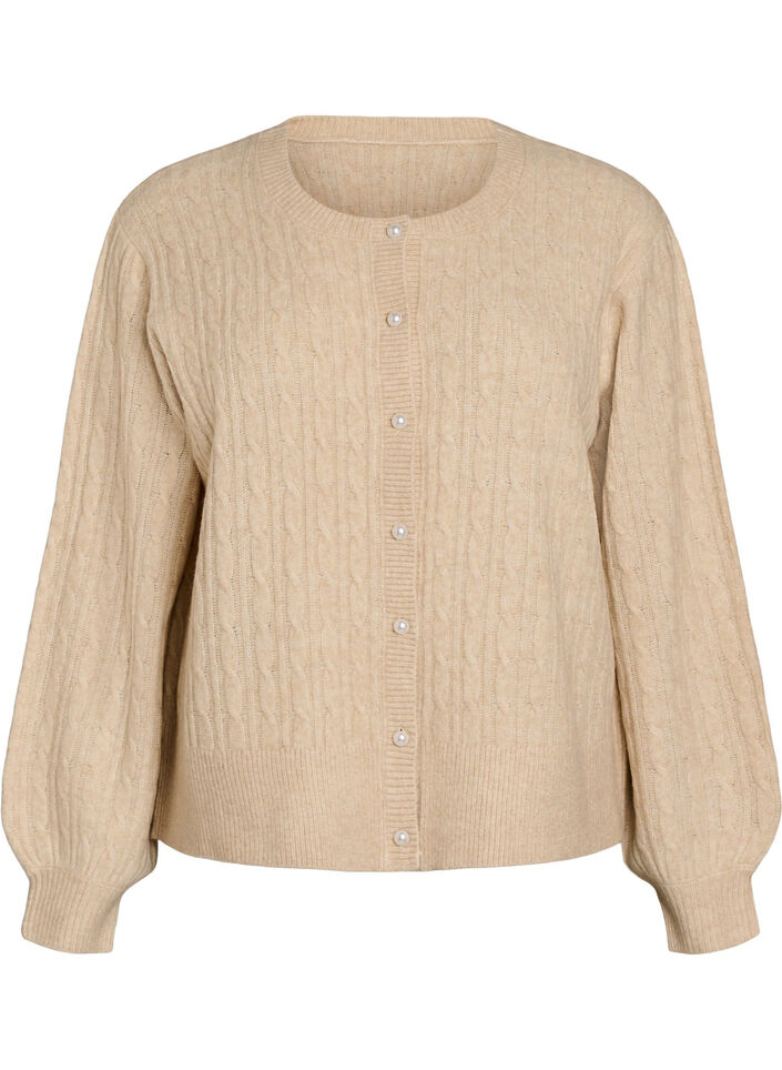 Cable knit cardigan with pearl buttons, Beige, Packshot image number 0