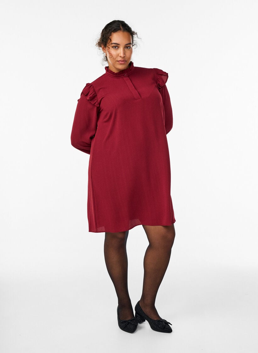 Short dress with ruffles and glitter, Dark Bordeaux, Model image number 1