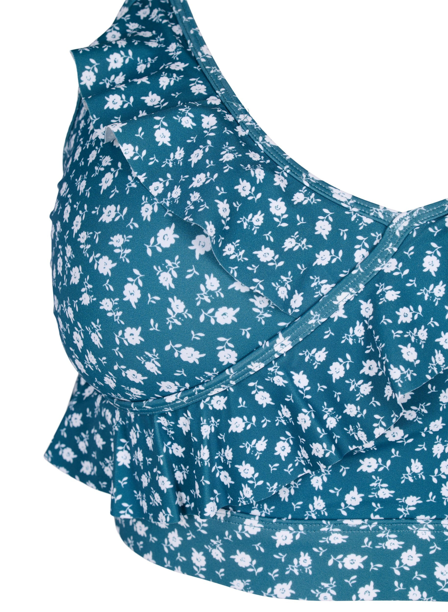 Zizzifashion Floral bikini top with ruffle details, Petrol, Packshot image number 2
