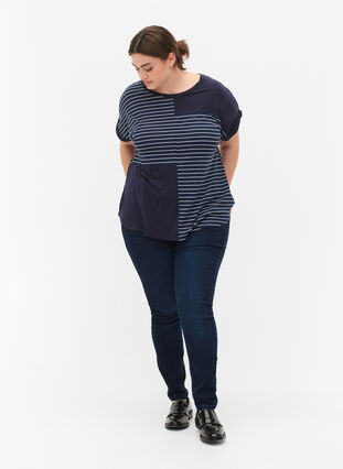 Short-sleeved viscose t-shirt with stripes, Night Sky Stripe, Model image number 2