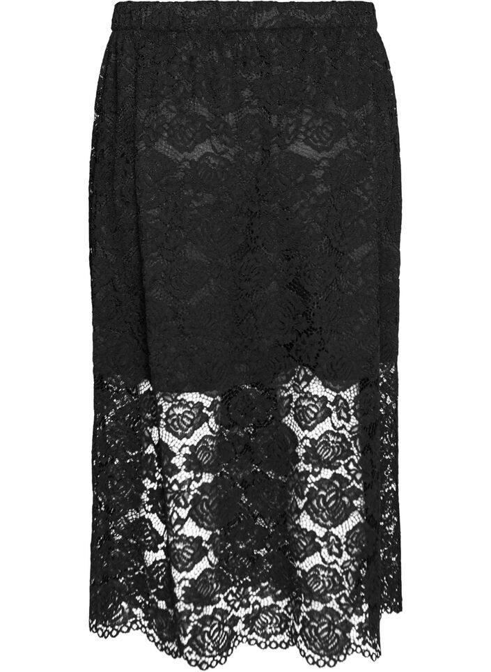 Lace midi skirt with an elasticated waist, Black, Packshot image number 1