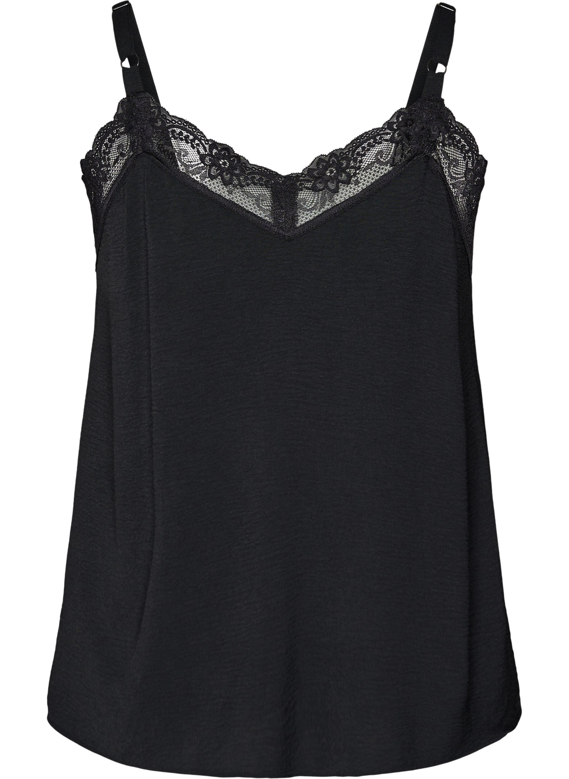 Zizzifashion Cami top with a V-neck and lace trim, Black, Packshot image number 1