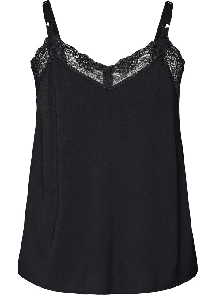 Cami top with a V-neck and lace trim, Black, Packshot image number 1