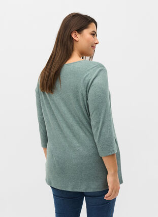 Plain blouse with buttons and 3/4 sleeves, Green Melange, Model image number 1