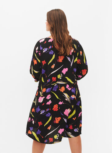 Dress in viscose with print and 3/4 sleeves, Faded Tulip AOP, Model image number 1
