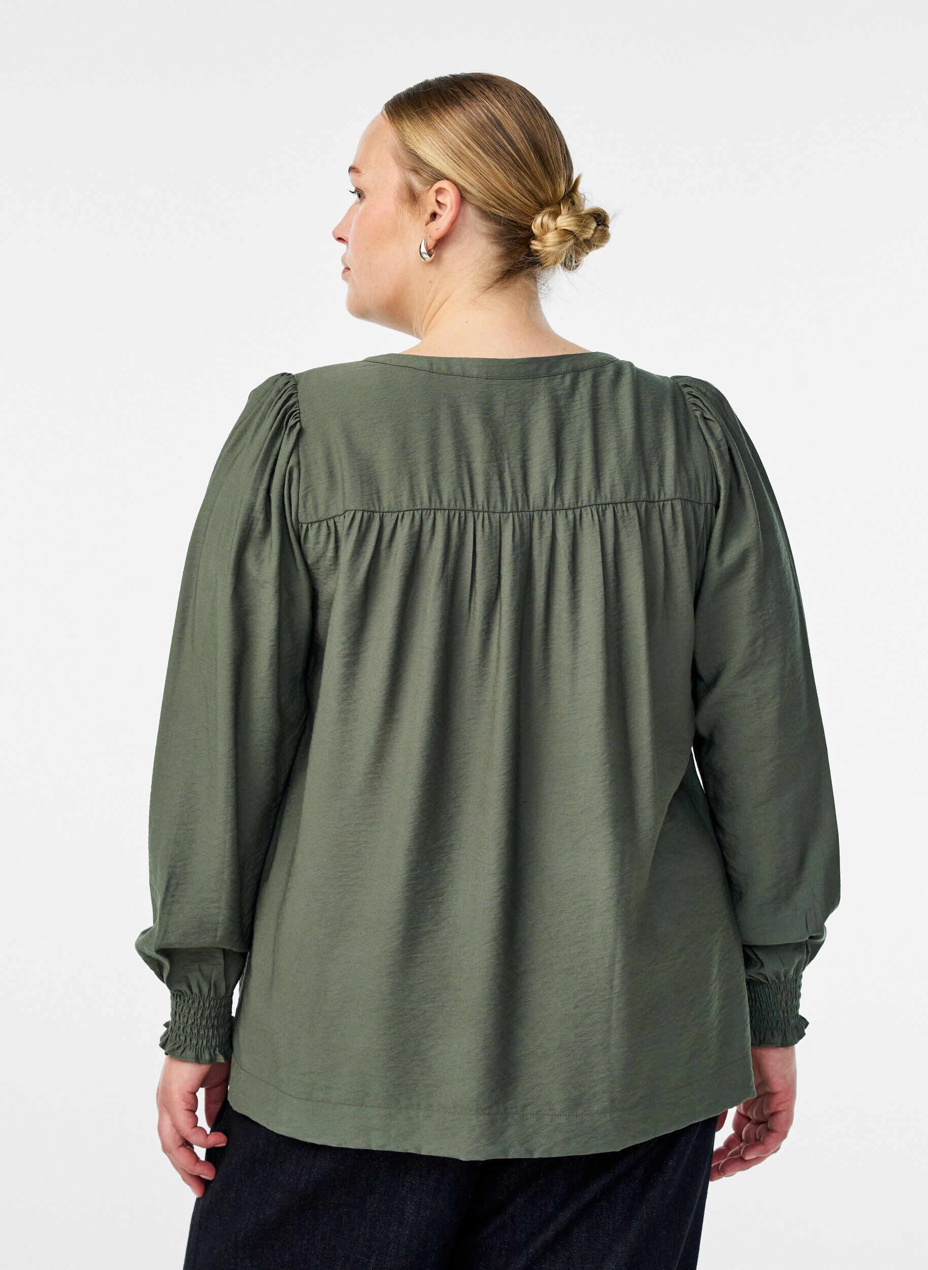 ZizzifashionViscose blouse with smock and gathered details, Green, Model image number 2