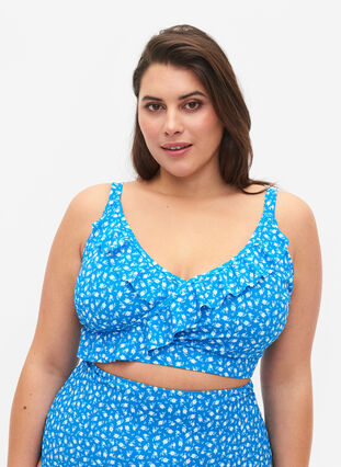 Floral bikini bra with frill details, Blue Flower Print, Model image number 0