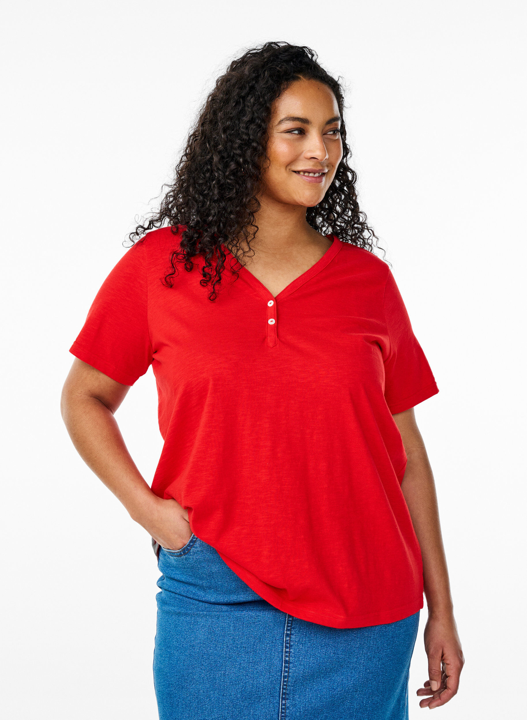 ZizzifashionT-shirt with button detail, Red, Model image number 0