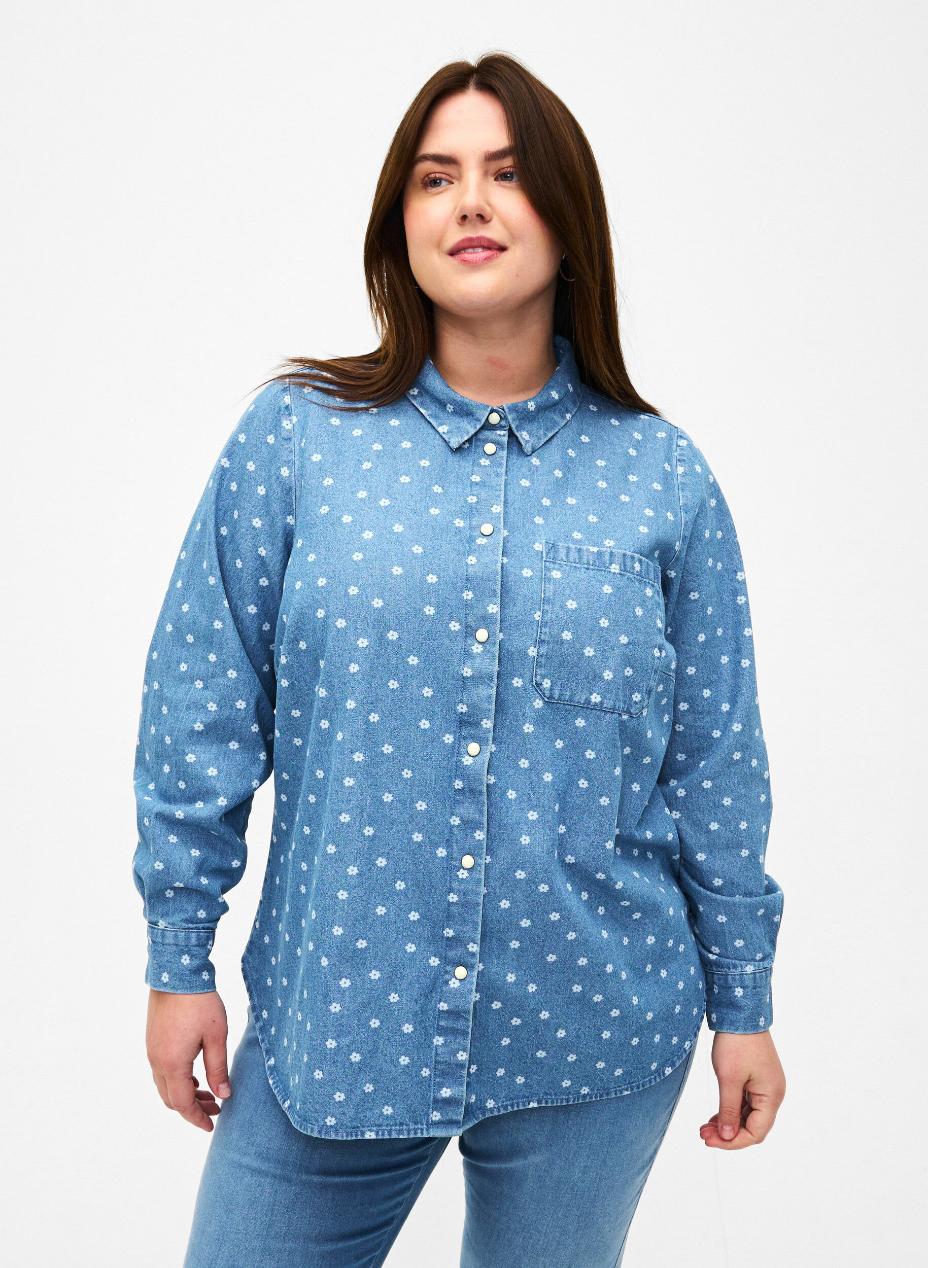 Zizzifashion Floral denim shirt with chest pocket, Light Blue w.Flowers, Model image number 0