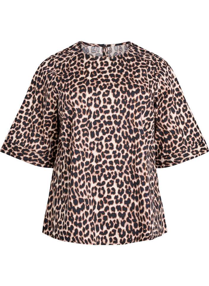 Blouse with stitching details and 3/4 sleeves, Brown, Packshot image number 0