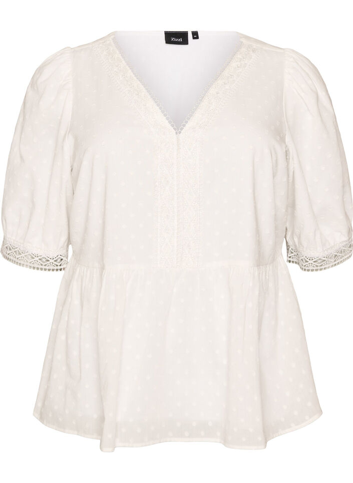 Blouse in textured cotton with crochet details, White, Packshot image number 0