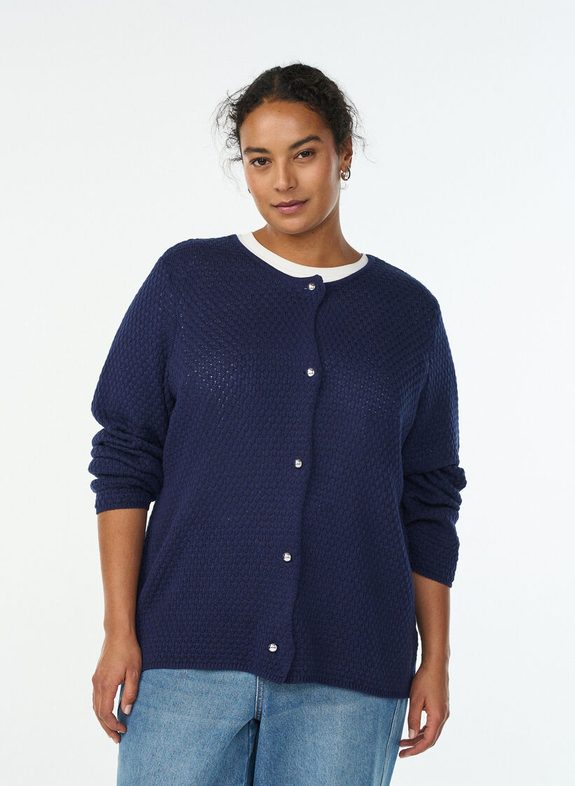 Structured knit cardigan with ball-shaped buttons, Blue, Model image number 0