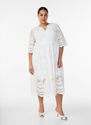 Midi dress with broderie anglaise and an empire line - White - Sz. 40-64 - Zizzifashion Midi dress with broderie anglaise and an empire line - White - Sz. 40-64 - Zizzifashion