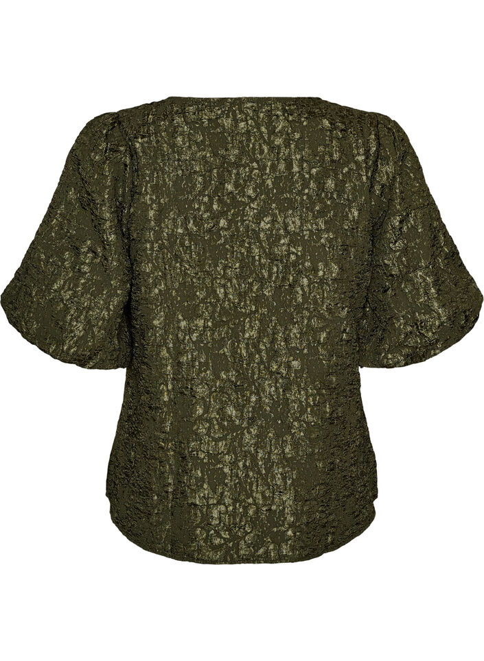 Jacquard blouse with puff sleeves and an A-line shape, Green, Packshot image number 1