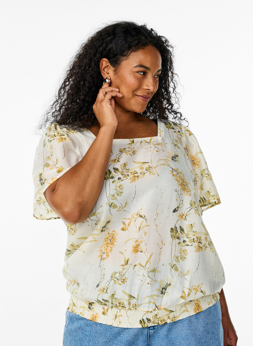 Floral print blouse with square neck, Yellow, Model image number 0