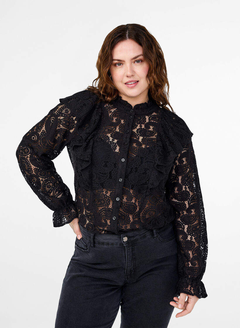 Lace shirt blouse with ruffle detail, Black, Model image number 0