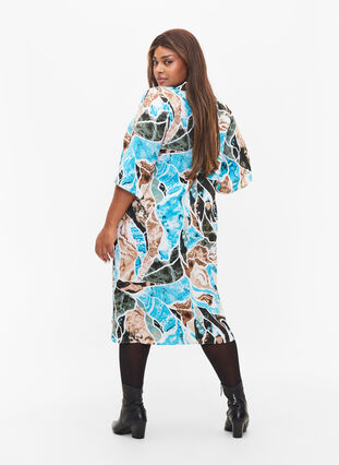 Printed midi dress with high neckline and 3/4 sleeves, Earth AOP, Model image number 1
