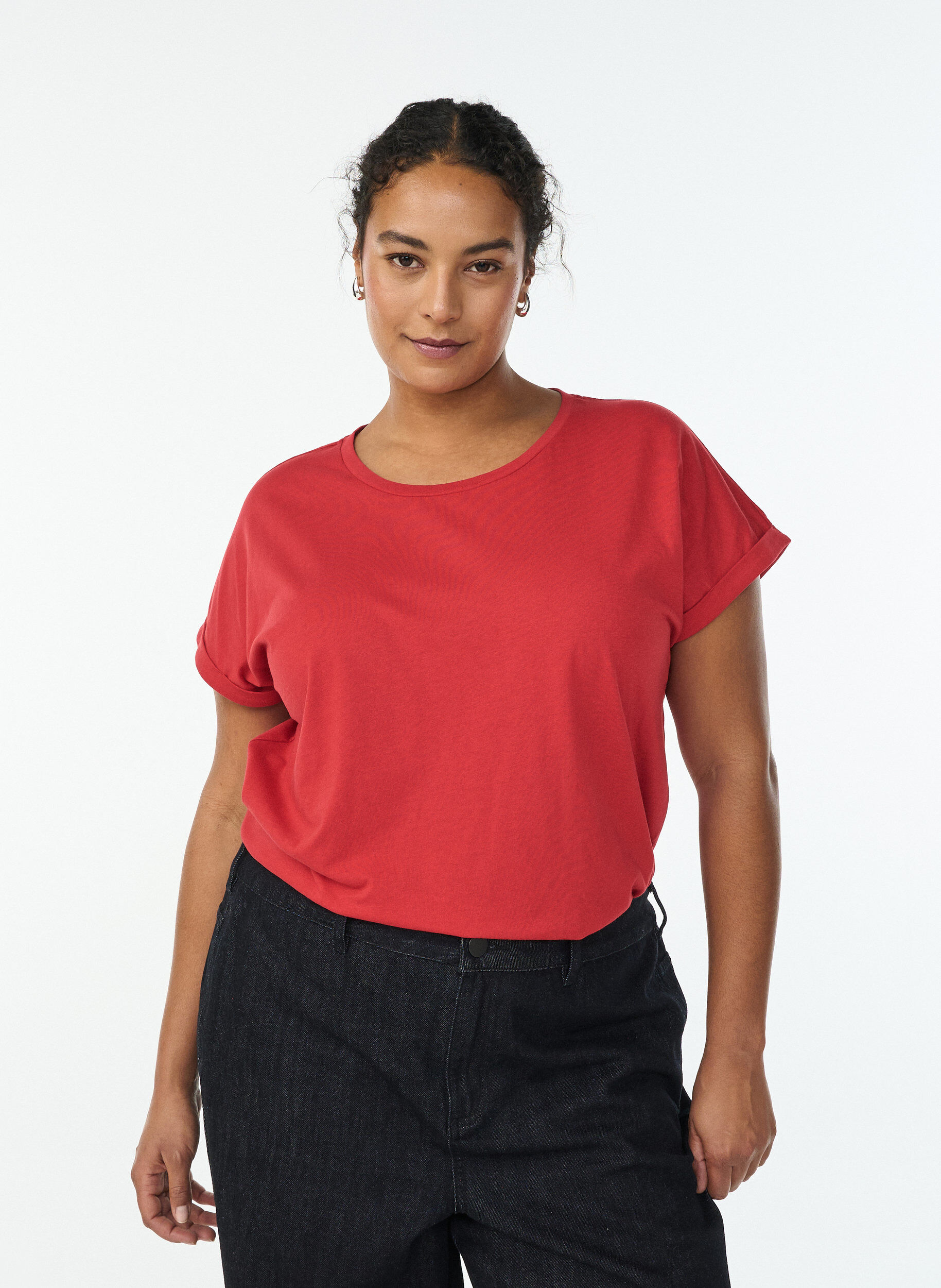 Short-sleeved cotton blend t-shirt, Red, Model