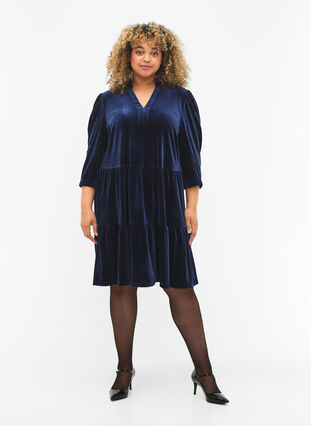 Velour dress with ruffle collar and 3/4 sleeves, Navy Blazer, Model image number 3