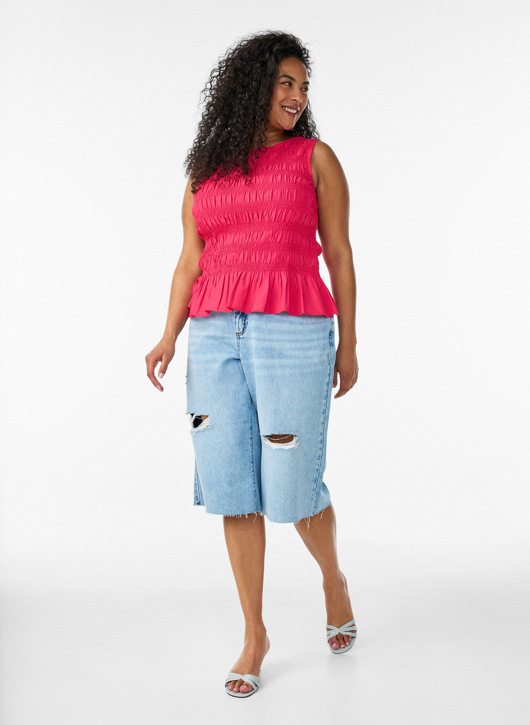 ZizzifashionSmock top with boat neck and peplum hem, Rose, Model image number 1