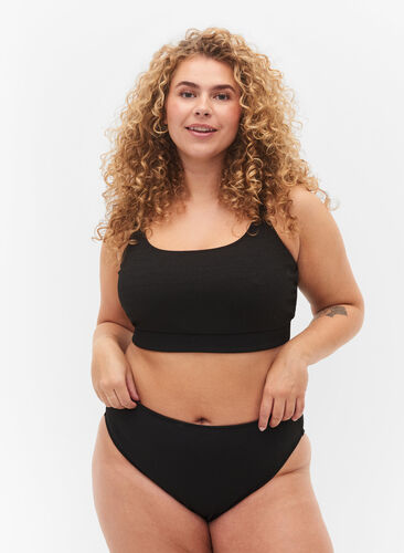 High-waisted crepe texture bikini bottom, Black, Model image number 0