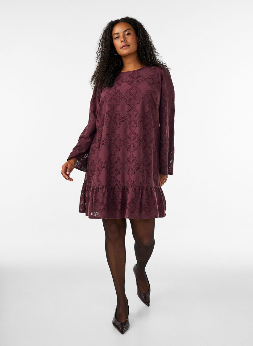 Lace dress with long sleeves and ruffle hem, Dark Bordeaux, Model image number 1