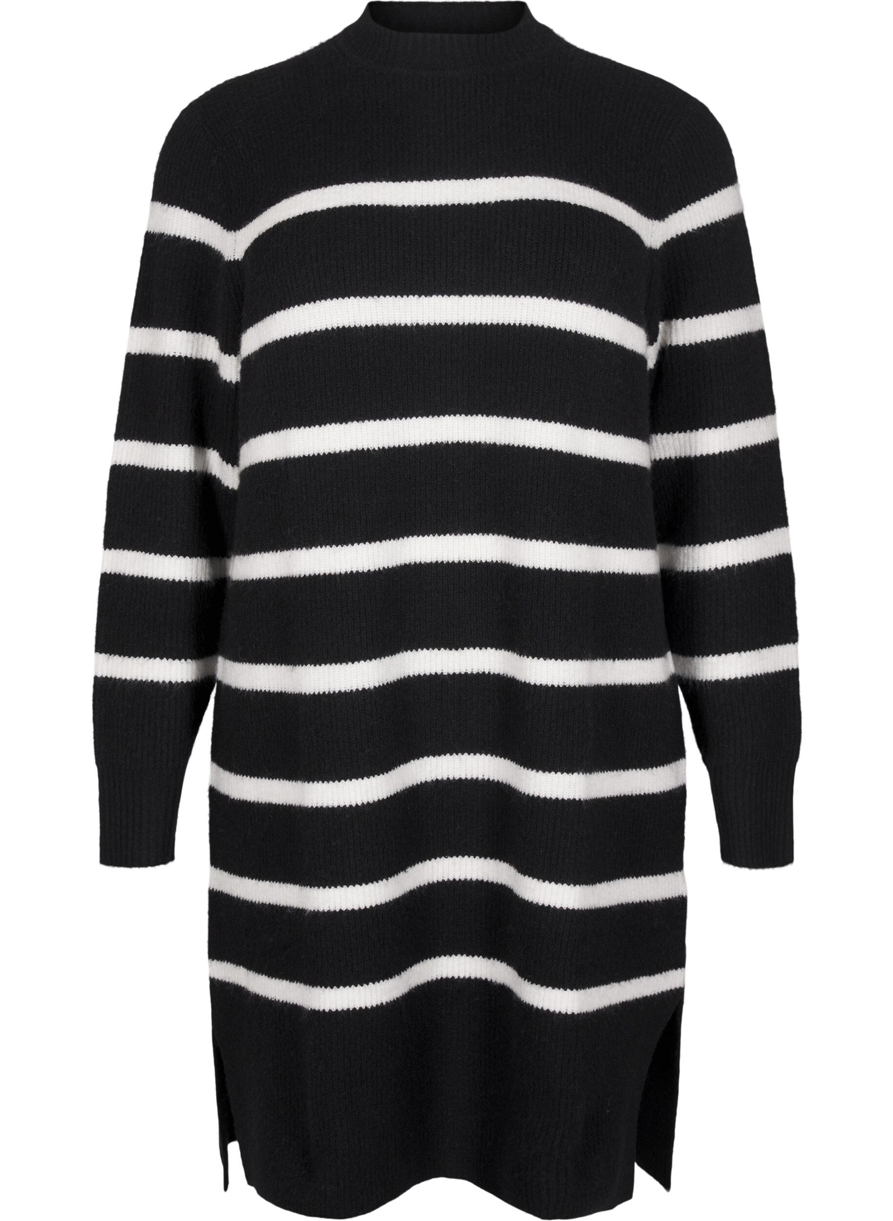 Zizzifashion Long-sleeved knitted dress with stripes, Black Cloud D. Comb, Packshot image number 0