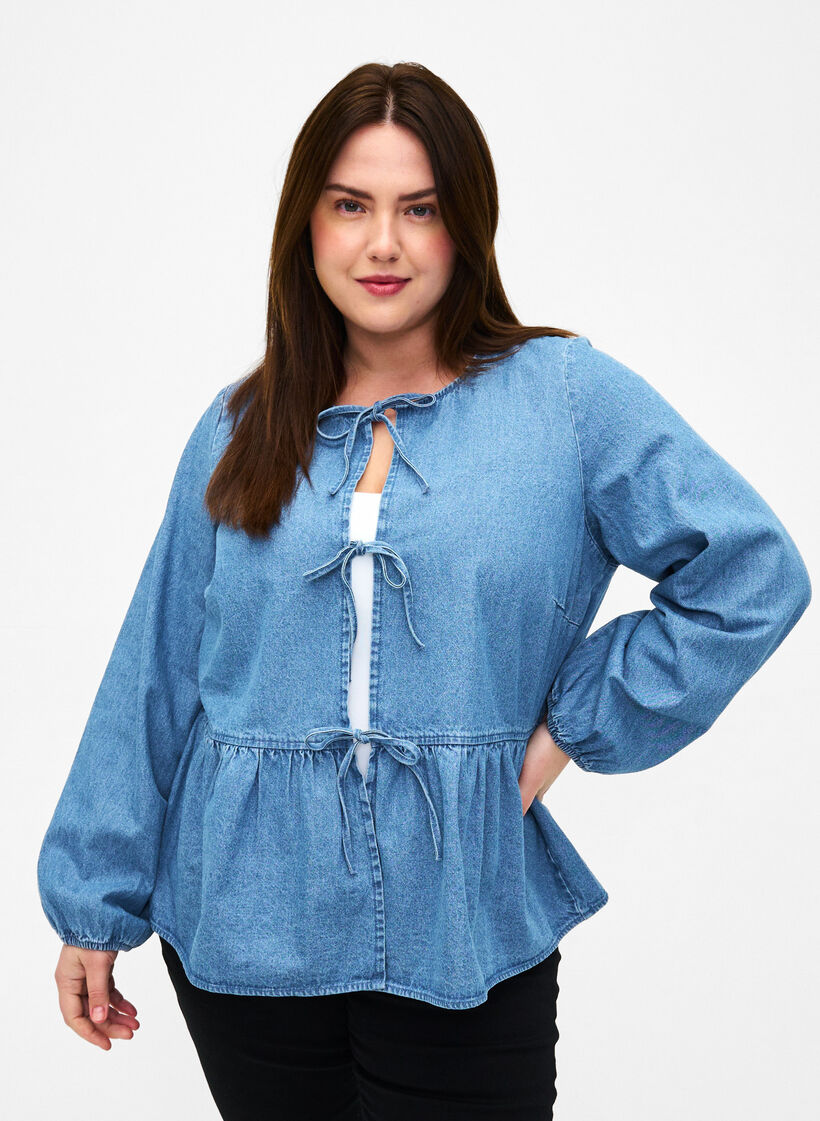 Denim peplum blouse with tie fastening, Light Blue Denim, Model image number 0