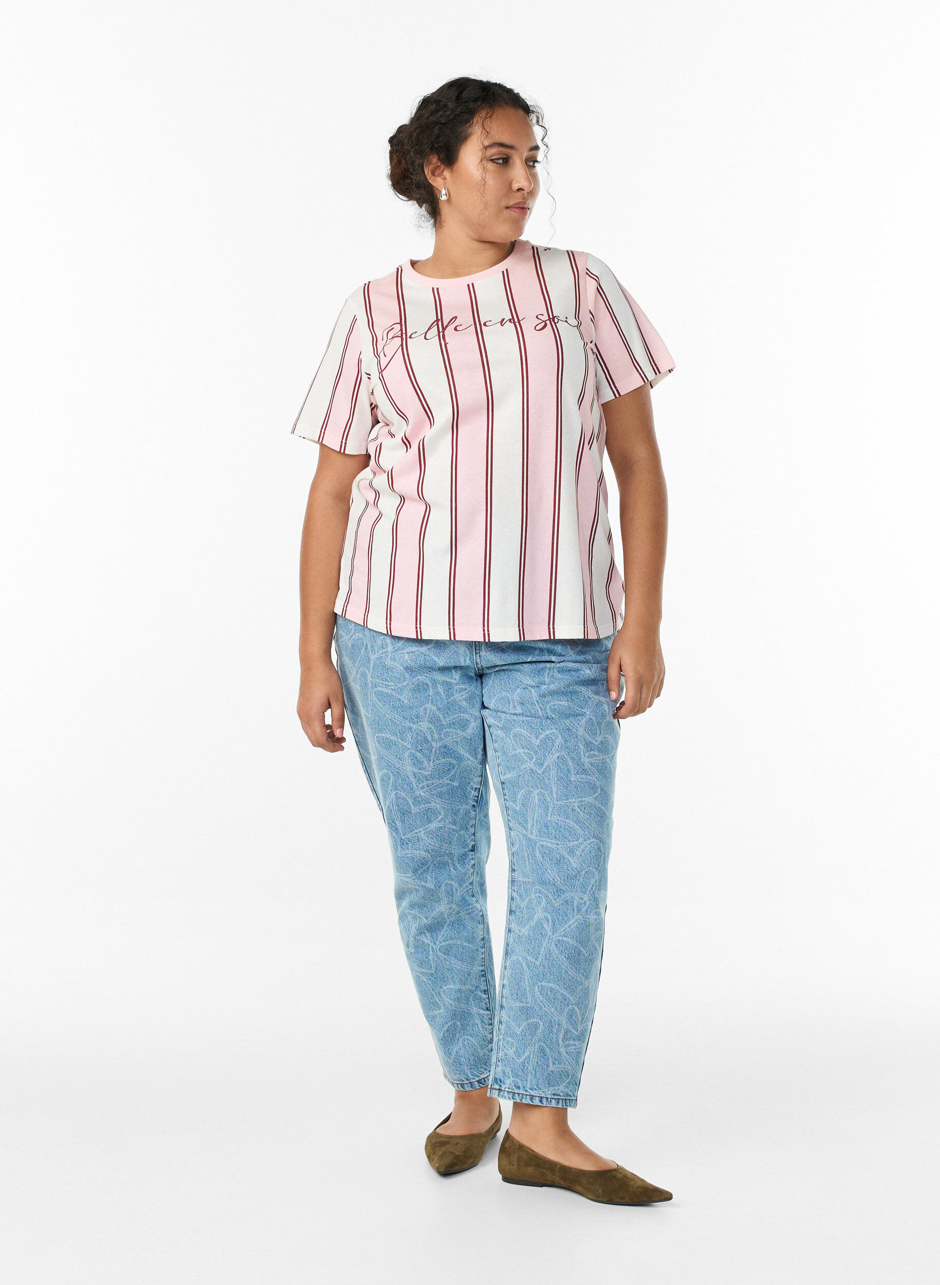 Zizzifashion T-shirt with stripes and text print, Rose, Model image number 1