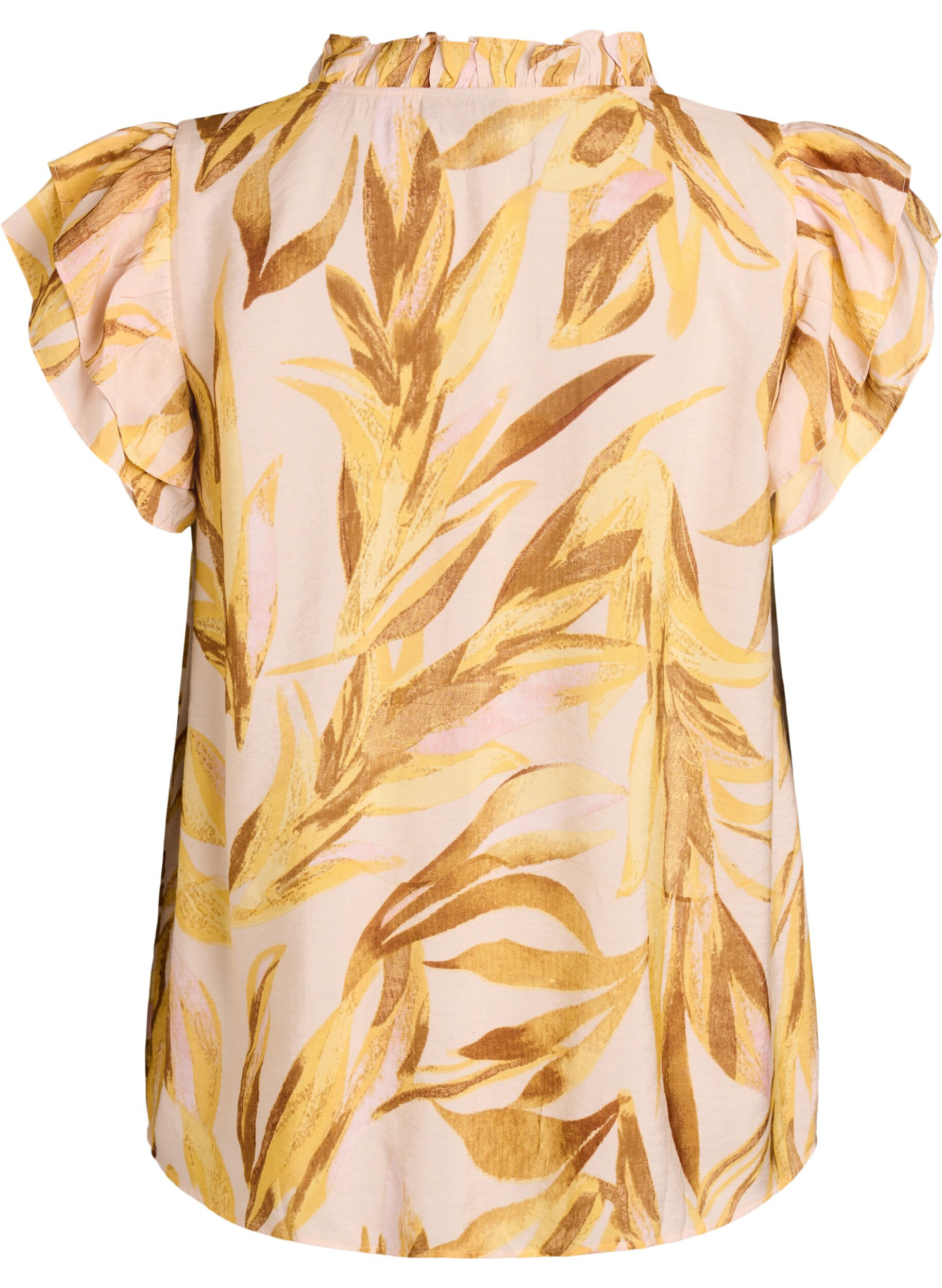 ZizzifashionViscose blouse with leaf print and ruffle details, Yellow, Packshot image number 1