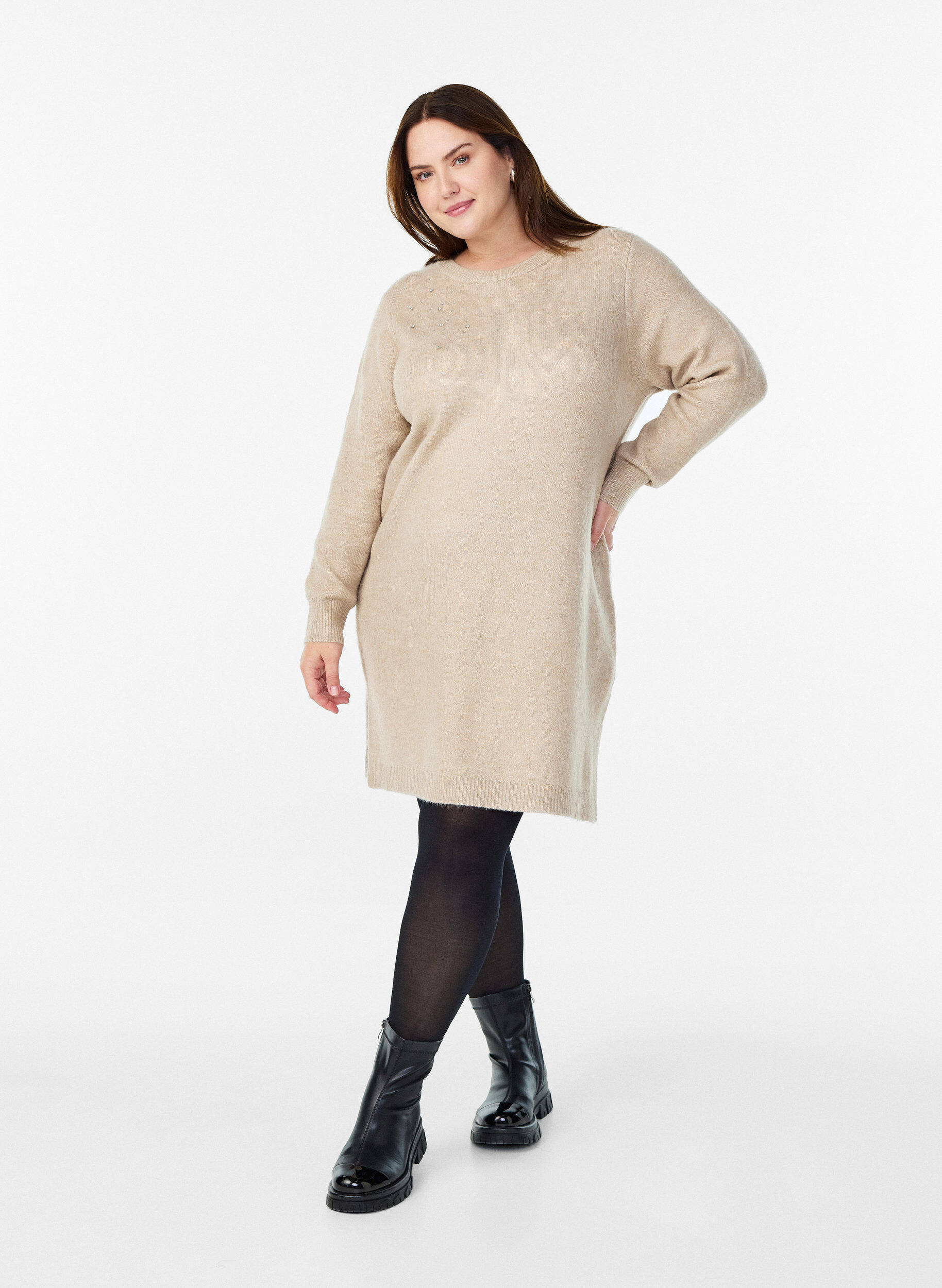 Zizzifashion Short knit dress with rhinestones, Beige, Model image number 1