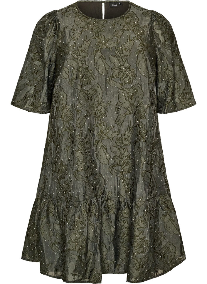 Jacquard dress with sparkly details and puff sleeves, Green, Packshot image number 0