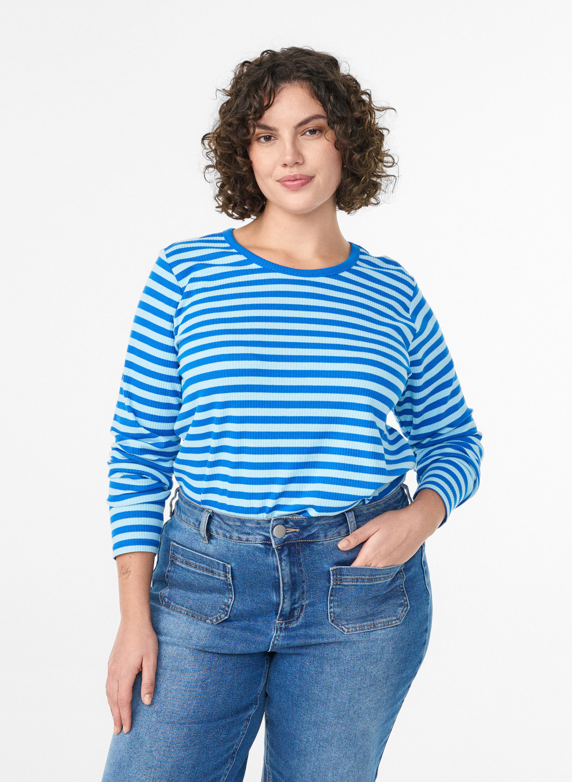 ZizzifashionStriped blouse with long sleeves, Light Blue, Model image number 0