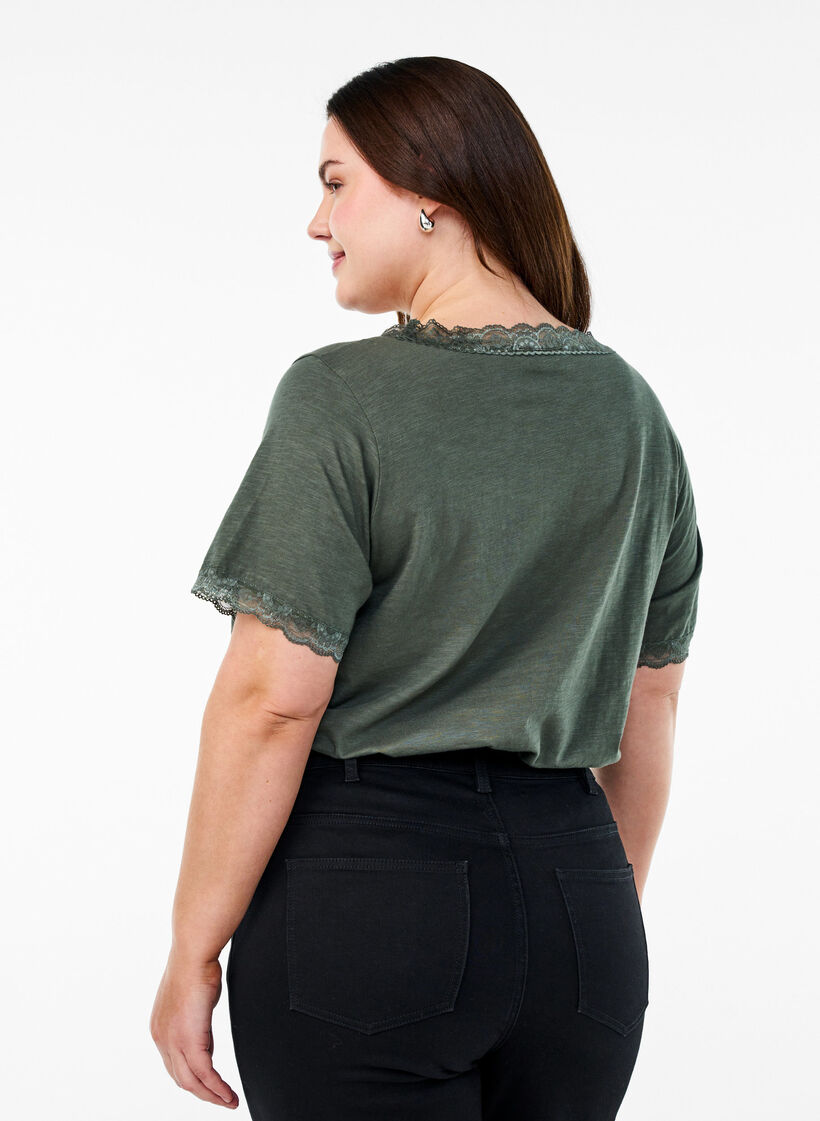 T-shirt with lace trim, Green, Model image number 2