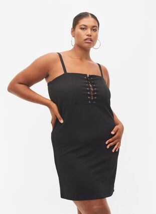 Form-fitting dress with cord detail, Black, Model image number 0