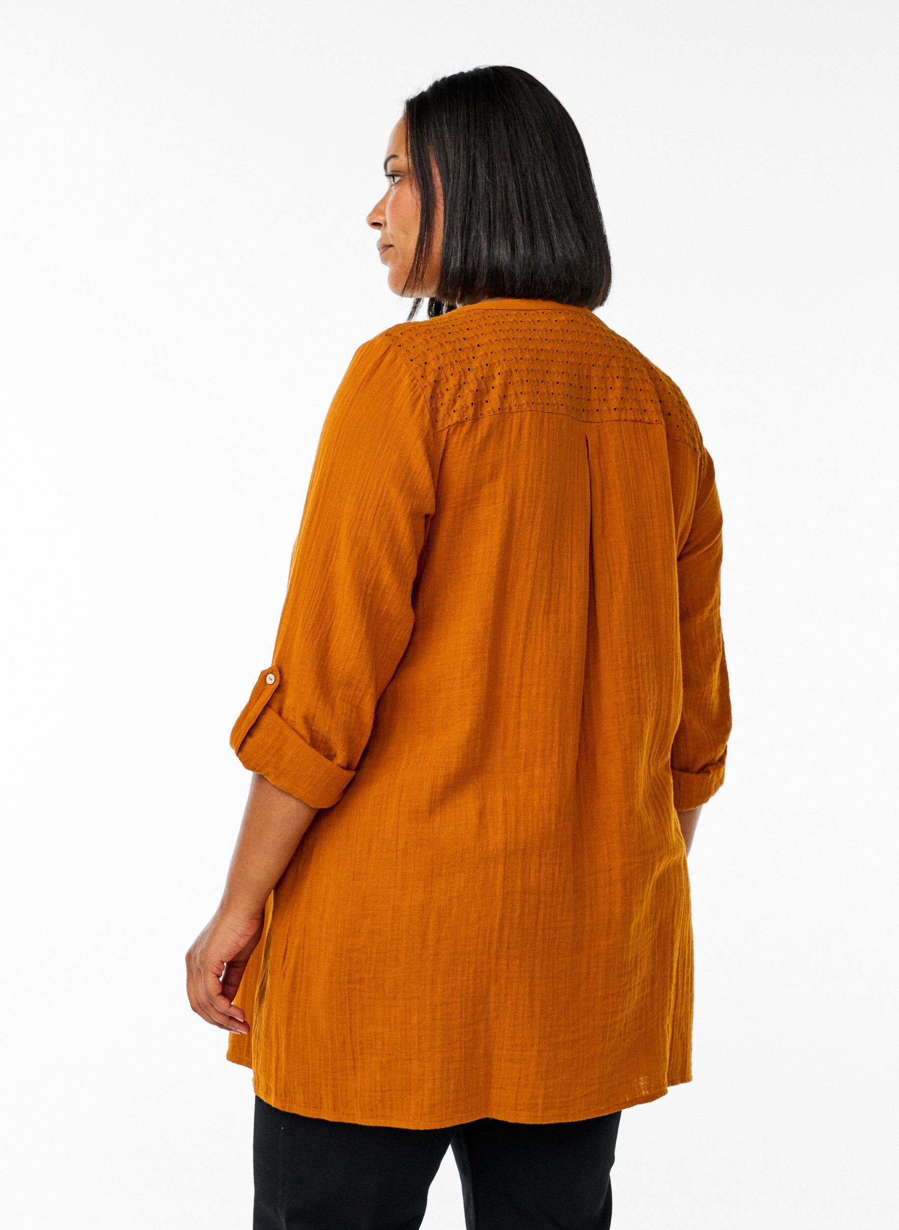 Zizzifashion Cotton muslin tunic with broderie anglaise, Orange, Model image number 2