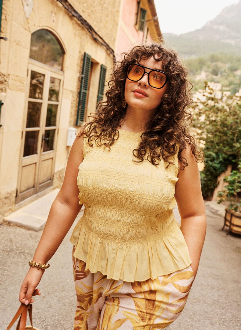 Smock top with boat neck and peplum hem, Yellow, Image image number 0