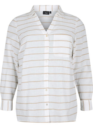 Shirt blouse with button closure in cotton-linen blend, White Taupe Stripe, Packshot image number 0