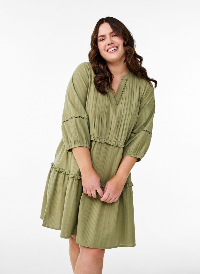 3/4 sleeve cotton dress with ruffles, Green, Model image number 0