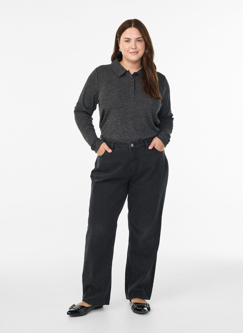 Long-sleeved polo in stretchy ribbed quality, Dark Grey, Model image number 1