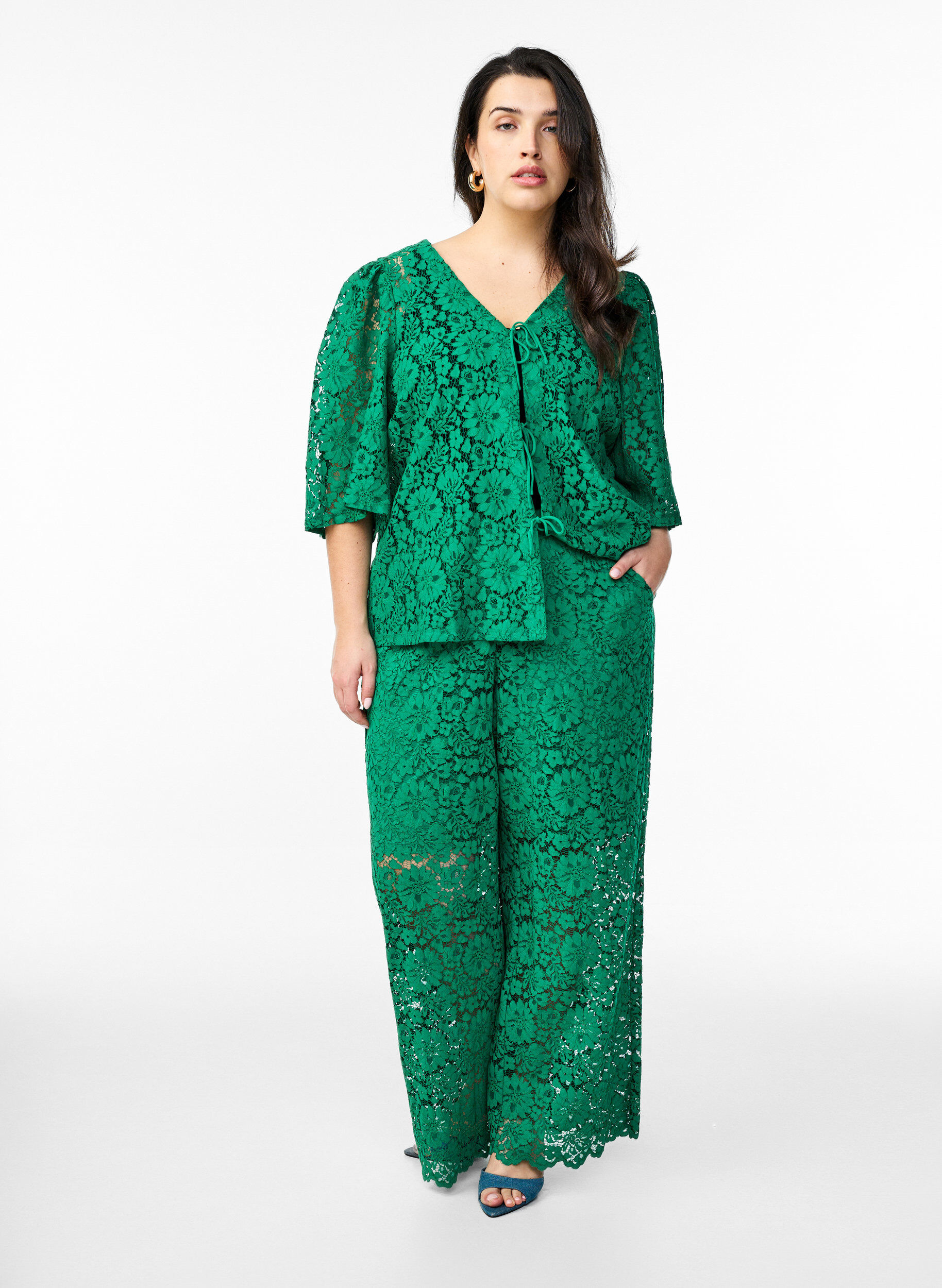 Zizzifashion Lace trousers with a high waist and pockets, Green, Model image number 0