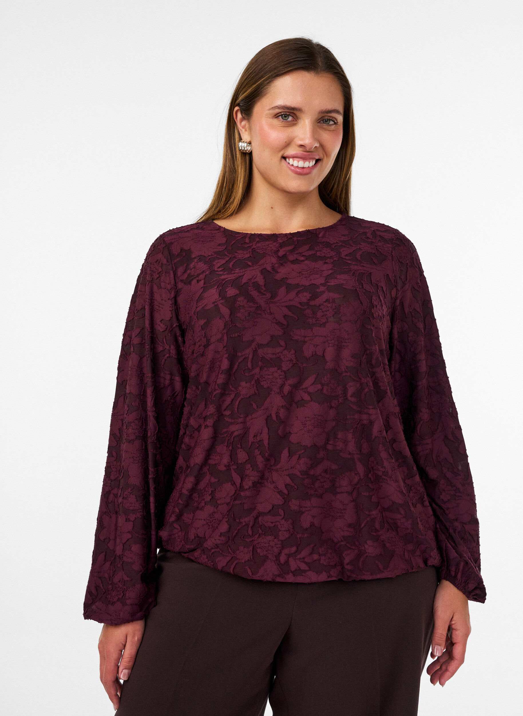 ZizzifashionSheer blouse with floral texture and long sleeves, Red, Model image number 0