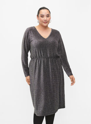 Glitter dress with V-neck, Black Silver, Model image number 0