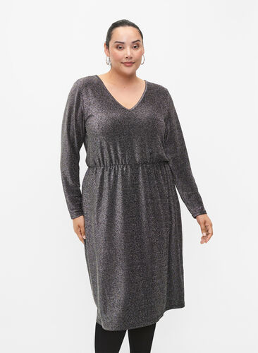 Glitter dress with V-neck, Black Silver, Model image number 0
