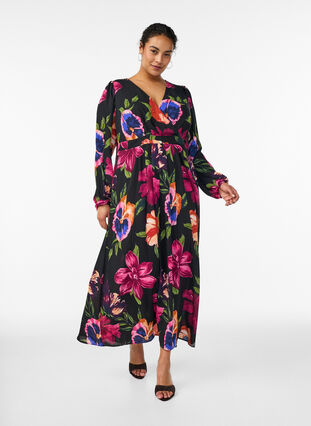 Maxi dress with a wrap-over neckline and long sleeves - Black - Sz. 40-64 - Zizzifashion Maxi dress with a wrap-over neckline and long sleeves - Black - Sz. 40-64 - Zizzifashion